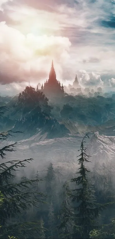 Mystical castle surrounded by clouds in a fantastical landscape with mountains.