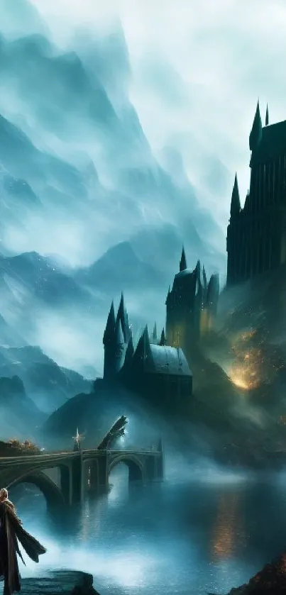 Mystical castle and landscape mobile wallpaper with teal hues.