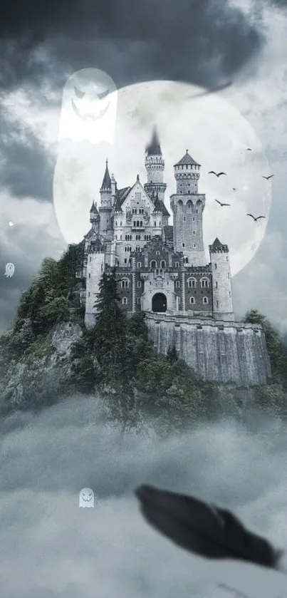 Mystical Gothic castle under moonlight with foggy clouds and ghostly figures.