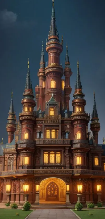 Mystical castle with glowing lights and night sky background on mobile wallpaper.