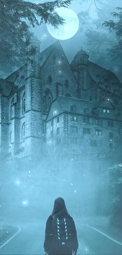 Mystical castle under a moonlit sky wallpaper with a foggy forest path.