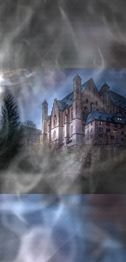 Castle under moonlit sky with misty ambiance.