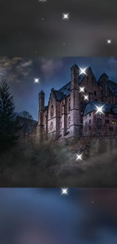 Mystical castle under a starry night sky wallpaper.