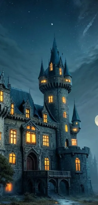 Mystical castle under a moonlit sky, featuring gothic architecture and glowing windows.