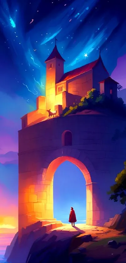 Mystical castle under a starry night sky, vibrant colors.