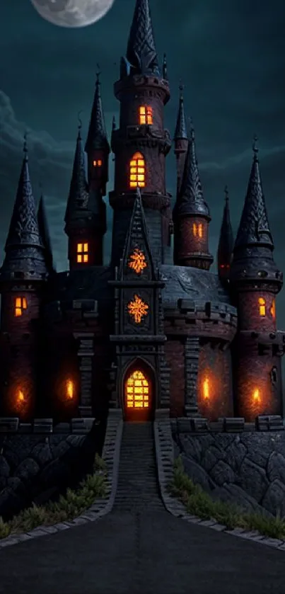 Mystical castle at night with glowing lights and a moonlit sky.