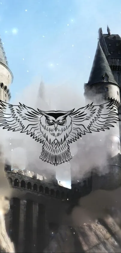 Illustrated owl soaring above a misty castle backdrop.