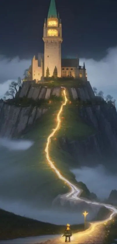 Mystical castle on mountain with glowing path in foggy night scene.