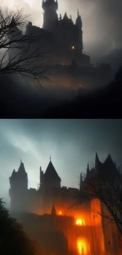 Eerie mystical castle wallpaper with twilight ambiance.