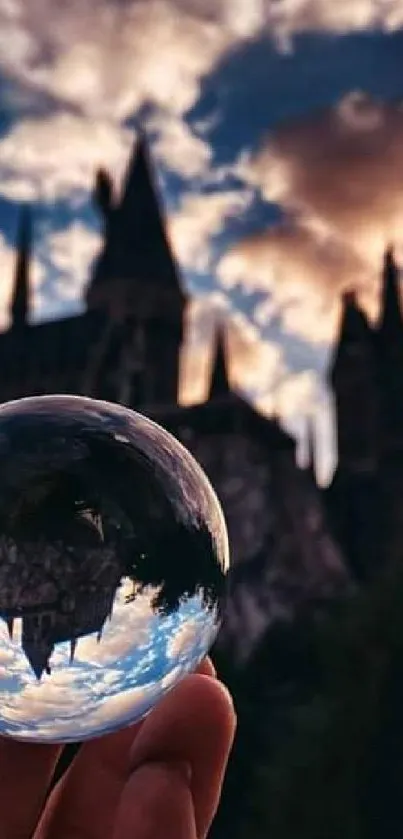 Mystical castle reflection in crystal orb under a dramatic sky for mobile wallpaper.