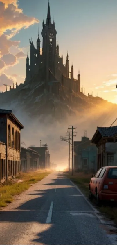 Majestic castle at dawn on a deserted street with a glowing sunrise.