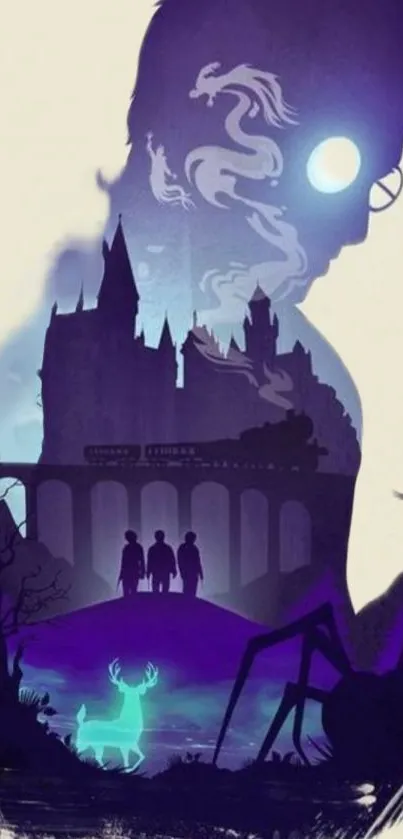 Silhouette of a castle with mystical elements in dark hues.