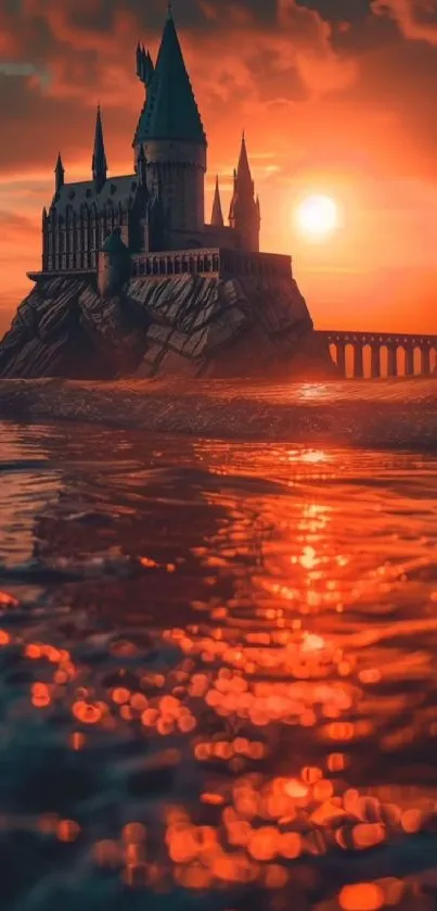 Mystical castle at sunset with vibrant red-orange hues.