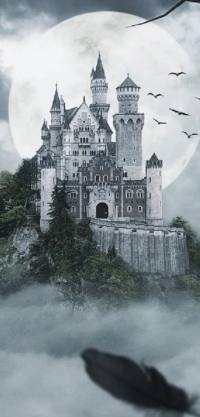 Majestic castle under full moon enveloped in mist.