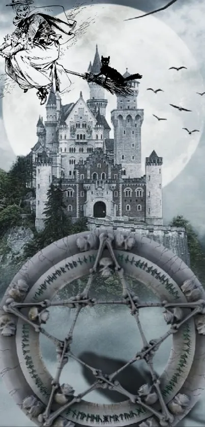 A mystical castle under a full moon with fantasy elements and a flying witch.