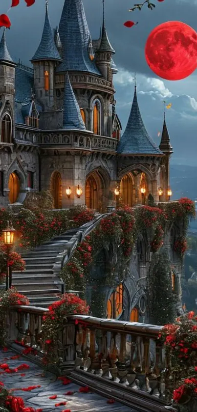 A mystical castle with a red moon and roses, set in a fantasy night landscape.