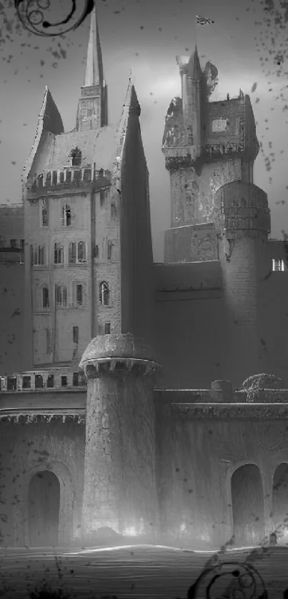 Gothic castle in black and white with mystical ambiance.