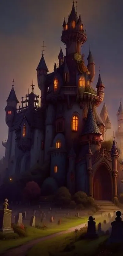 Mystical castle under a moonlit sky with glowing windows.