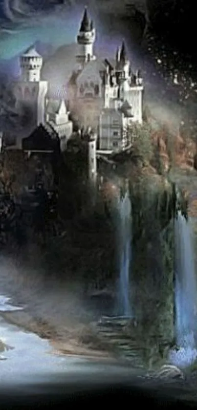 Mystical castle with waterfalls on scenic wallpaper.