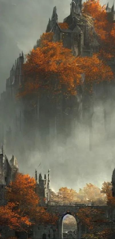 Magical castle with orange autumn leaves and misty clouds.