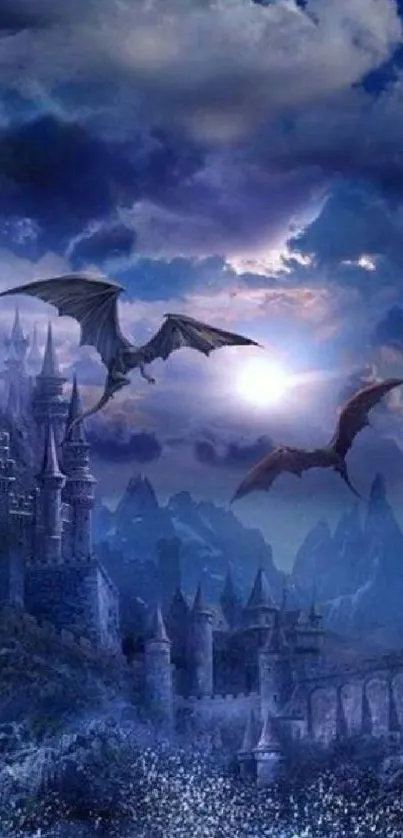 Dark castle and dragons in mystical night sky wallpaper.