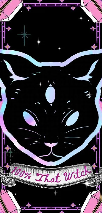 Mystical black cat with galaxy hues and witchy elements on a dark background.