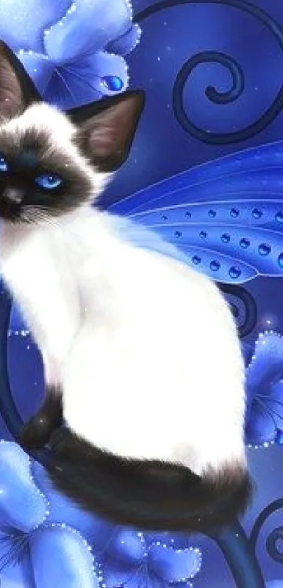 Siamese cat with blue flowers and butterfly wings on a vibrant background.