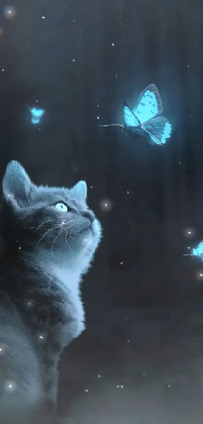 Curious cat with glowing butterflies in a dark forest wallpaper.