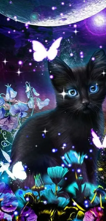 Black kitten with butterflies under a mystical moonlight.