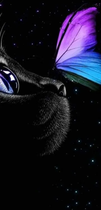 Mystical black cat and butterfly against a starry night sky wallpaper.