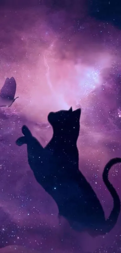 Mystical purple galaxy with cat and butterfly.