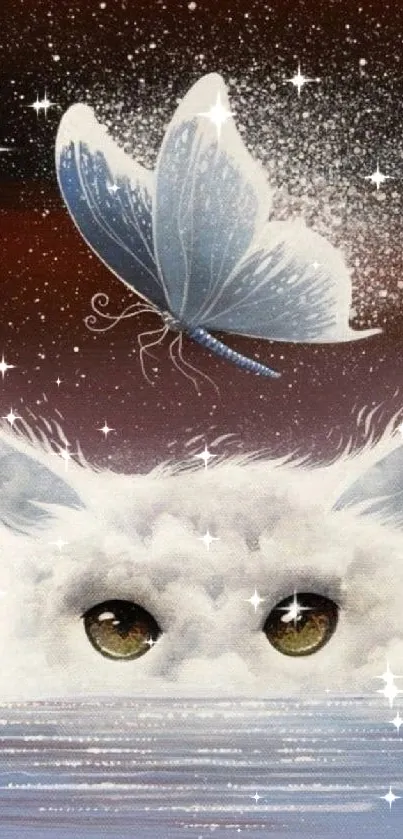 Fantasy artwork of a white cat with a butterfly hovering above.