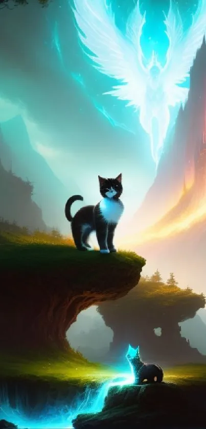 Fantasy wallpaper with mystical cat and glowing castle in teal light.