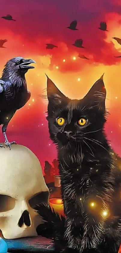 Mystical wallpaper with cat, crow, and sunset.