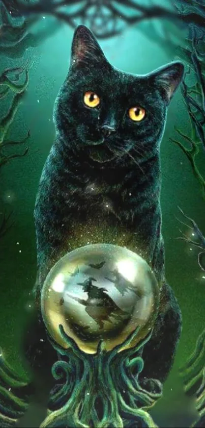 Mystical black cat with crystal globe in an eerie forest setting.