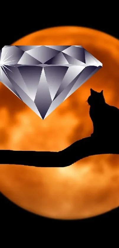 Cat silhouette and diamond against orange moon.