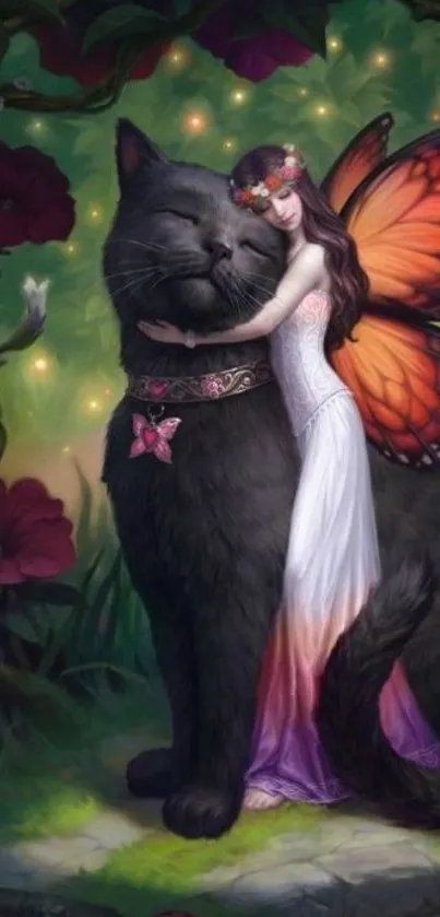 Fantasy wallpaper of a fairy hugging a large black cat with butterfly wings.