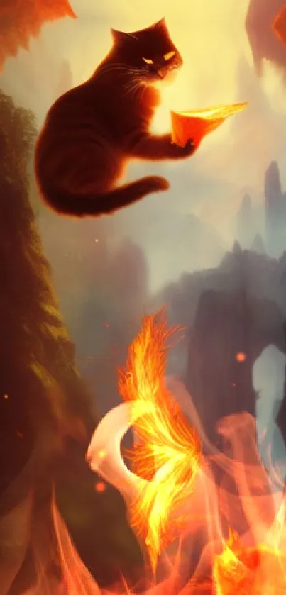 Mystical cat holds fire in fantasy wallpaper.