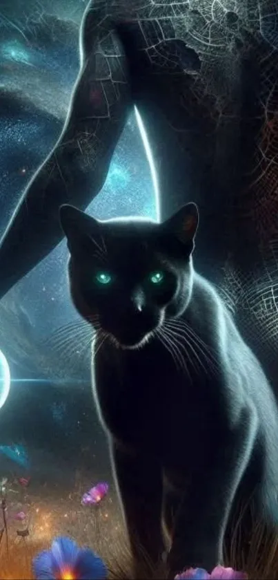 Mystical cat with glowing eyes in a cosmic galaxy setting.