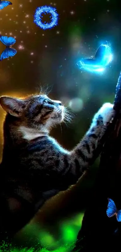 Cat reaching glowing butterflies in mystical night scene.