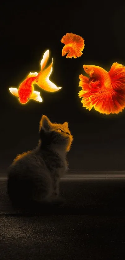 A curious cat watches glowing goldfish on a black background, creating a mystical vibe.