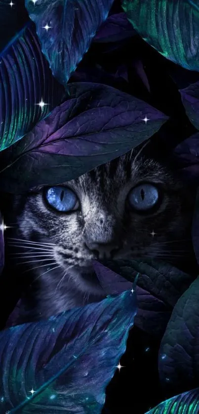 Mysterious cat with blue eyes peeking through dark leaves.