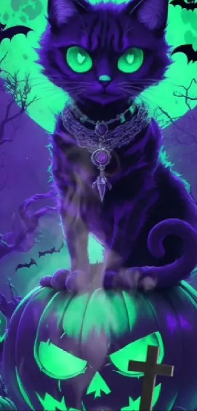 Purple mystical cat with glowing eyes on a pumpkin under a bright full moon.