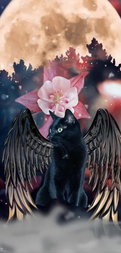 Black cat with wings under full moon and flower in mystical scene.