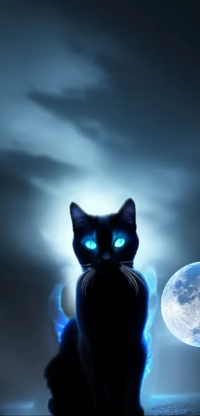 Mystical black cat with blue eyes and moon in dark sky.