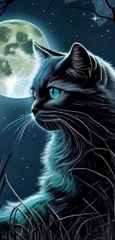 Mystical cat gazes at the moonlit night sky.