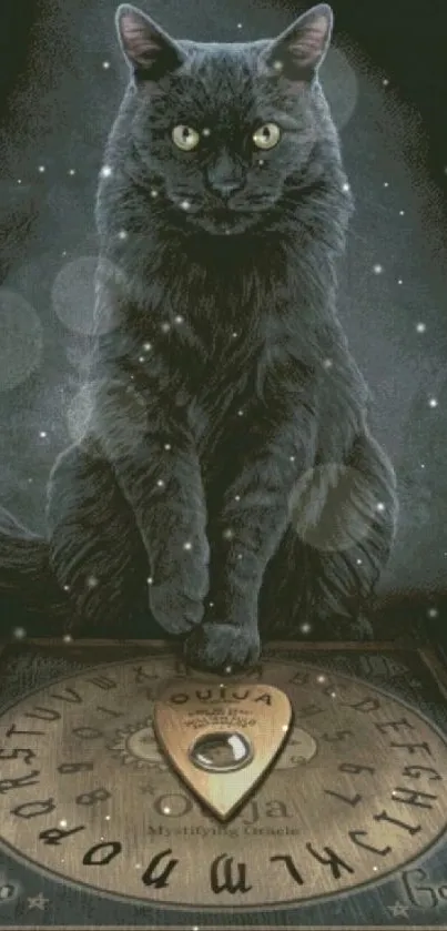 Mystical black cat on Ouija board wallpaper.