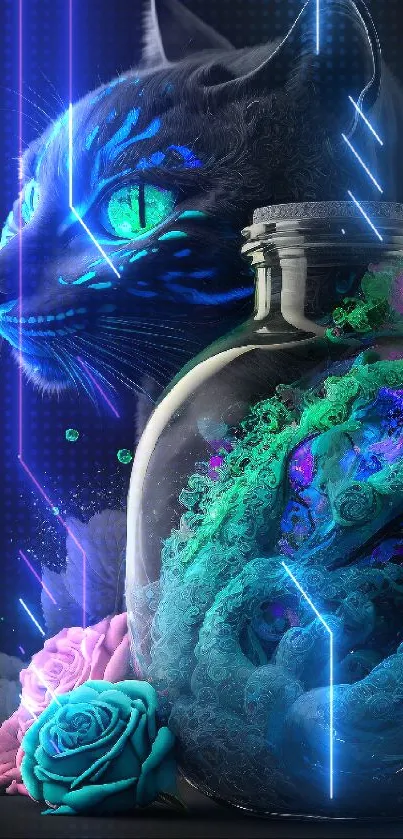 Mystical black cat with neon potion and roses wallpaper.