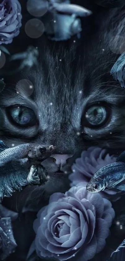 Mystical cat with roses and fish in dark artistic design.