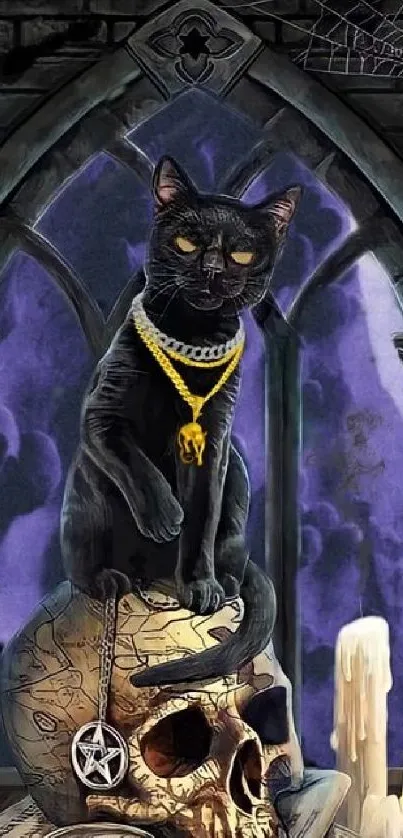 Black cat on skull with gothic backdrop and candle.